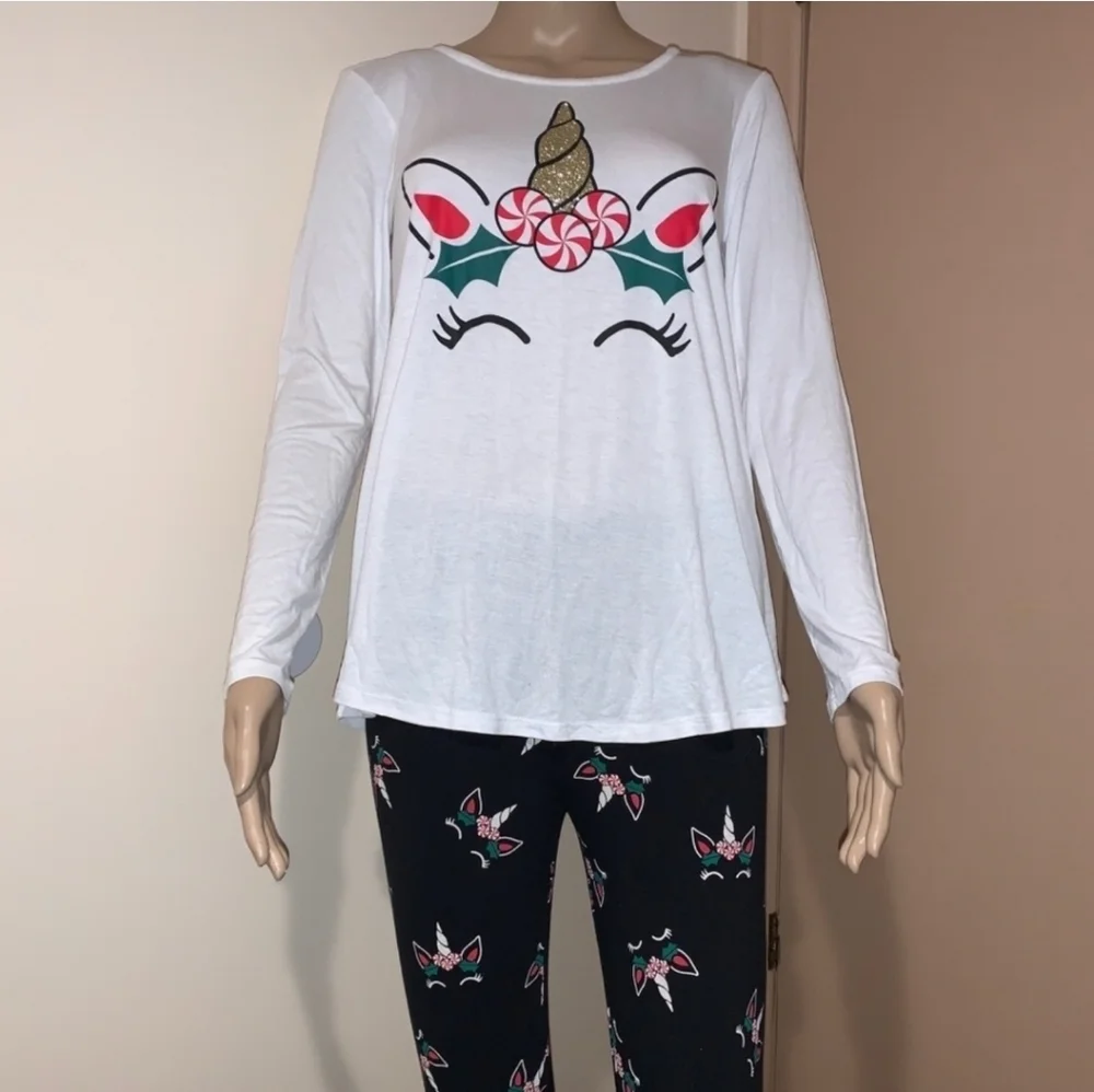 Justice Girls Christmas Holiday Unicorn Long Sleeve Tee Shirt Size 12 EUC